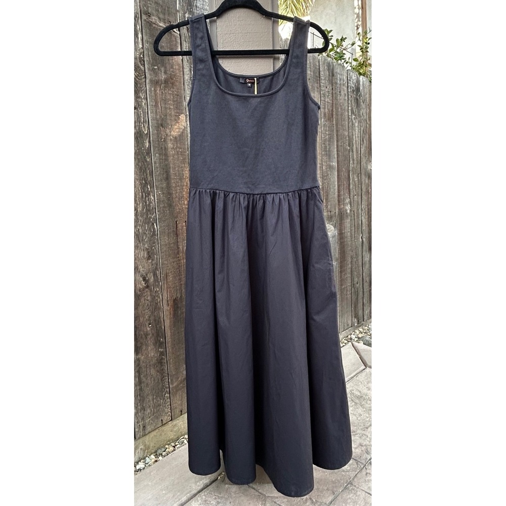 Quince Cotton Mixed Media Tank Dress Women M Black Midi NWT Pockets